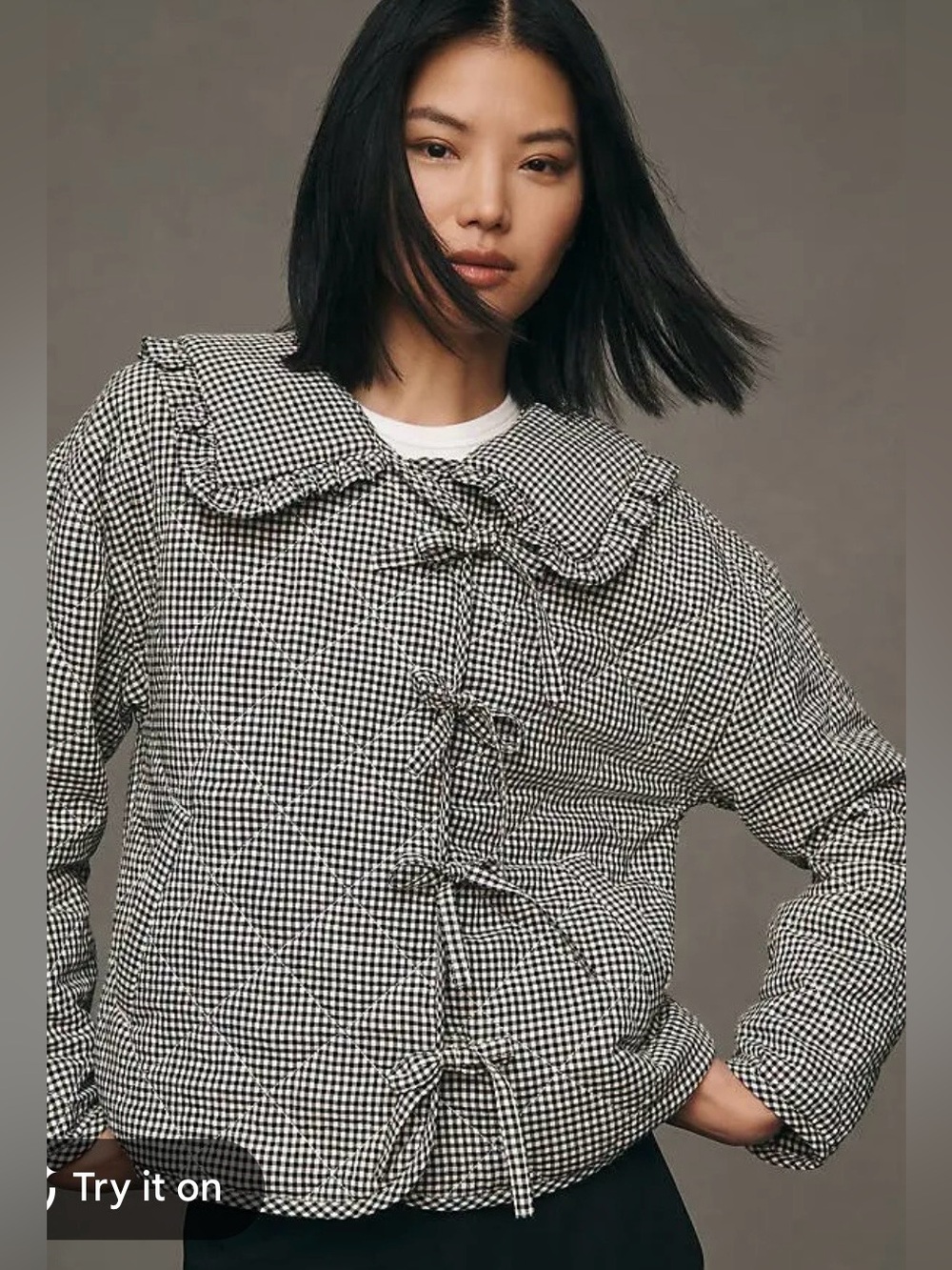 Anthropologie Maeve Black & White Gingham Quilted Jacket with Bow Fronts size M.